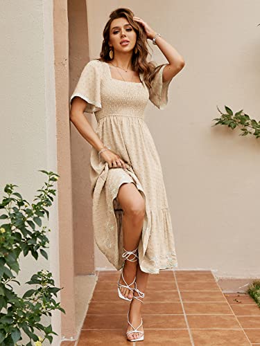 Glamaker Women's Short Sleeve Smocked Square Neck A Line Summer Flowy Maxi Long Dress - color: 01-beige, size: Medium
