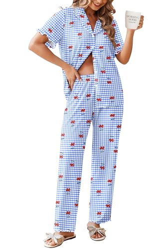 Ekouaer Womens Pajama Sets Short Sleeve Printed PJs Button Down Sleepwear - color: Cherry Small Grid, size: Small