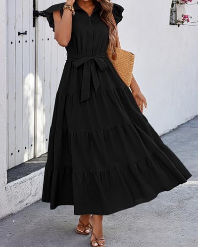 dowerme Women Ruffle Sleeve Button Belted Boho Maxi Dress - color: Black, size: X-Large