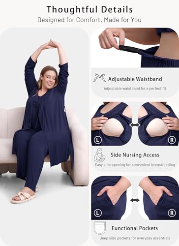 Rnxrbb 4 PCS Hospital&Home Nursing Pajamas Robe Set Maternity Postpartum Pj - color: Navy, size: Medium