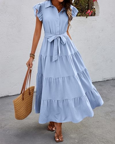 dowerme Women Ruffle Sleeve Button Belted Boho Maxi Dress - color: Sky Blue, size: X-Large