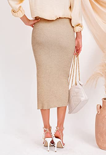 HERBATOMIA Midi Pencil Basic Skirt Casual Solid Split Side Stretchy Ribbed Knit Bodycon Mid Length Skirts for Women - color: Apricot, size: Medium