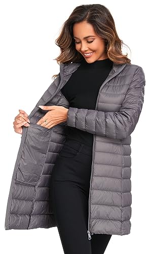 Obosoyo Women's Winter Packable Down Jacket Plus Size Ultralight Long Down Outerwear Puffer Jacket Hooded Coat - color: Darkgrey, size: X-Large
