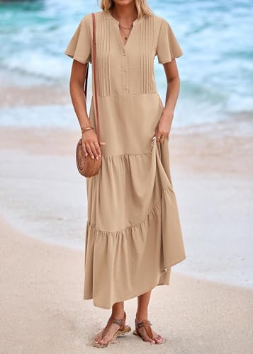 KIRUNDO Summer Maxi Dresses for Women with Pockets 2026 - color: Khaki, size: X-Large