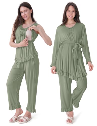 SUNNYBUY 3 PCS Ruffle Maternity Nursing Pajamas Set & Robe for Postpartum - color: Sage Green, size: Medium