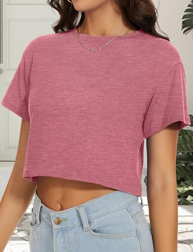 Womens Crop Tops Summer Short Sleeve Round Neck T-Shirts Loose Fit Blouse - color: B Brick Red, size: Medium