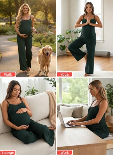 BLENCOT Maternity Ribbed Jumpsuit Stretchy One Piece Wide Leg Romper - color: Dark Green, size: Medium