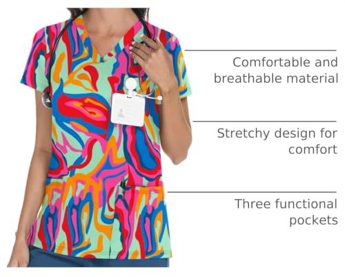 LOMON Women's V Neck Printed Scrub Top with 3 Pockets - color: Floral Rose Red, size: Medium