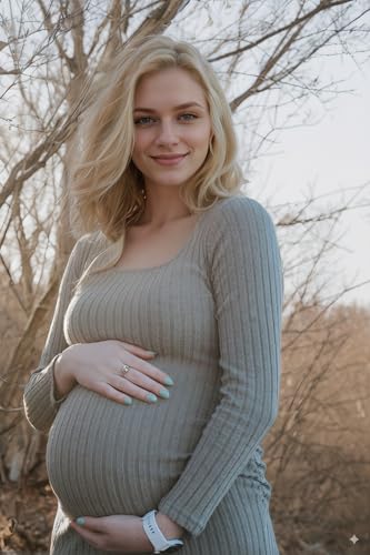 LAHILO Long Sleeve Knit Ribbed Maternity Sweater Dress for Fall Winter - color: Greenish Gray, size: Large