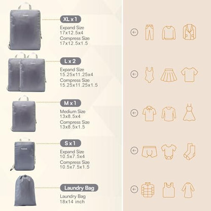6 Set Large Compression Packing Cubes for travel. - color: Grey