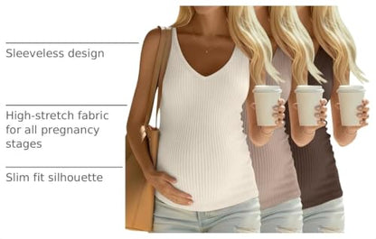 3 Pack Maternity Tank Tops Ribbed V Neck - color: Cream, Khaki, Coffee, size: Small