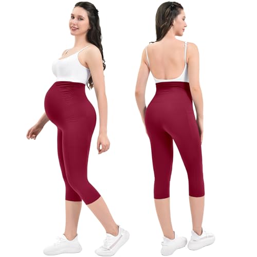 Ipletix Maternity Capris Leggings with Pockets Pregnancy Yoga Pants - color: Burgundy, size: Medium