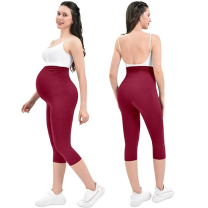 Ipletix Maternity Capris Leggings with Pockets Pregnancy Yoga Pants - color: Burgundy, size: Medium