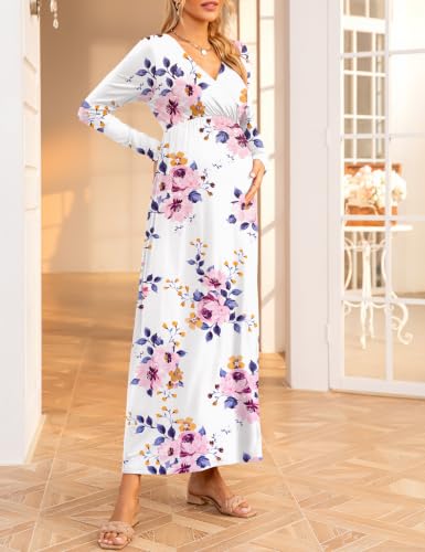 Fall Wrap V Neck Long Sleeve Maternity Maxi Dress Baby Shower - color: Z-white Floral- Hx131, size: Medium