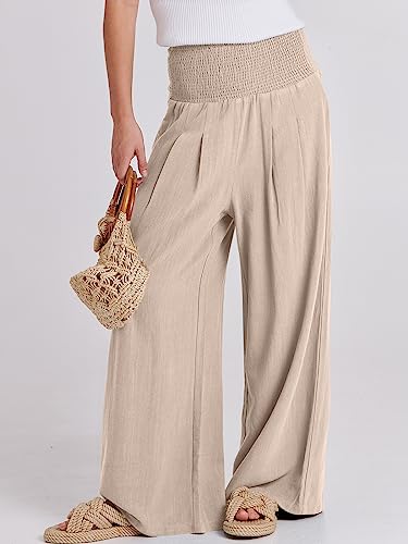 ANRABESS Women Linen Palazzo Wide Leg Pants with Pockets - color: Almond, size: Small