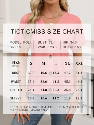 TICTICMISS Womens Summer Tops Short Sleeve Button Down V Neck T Shirts - color: Apricot, size: Small