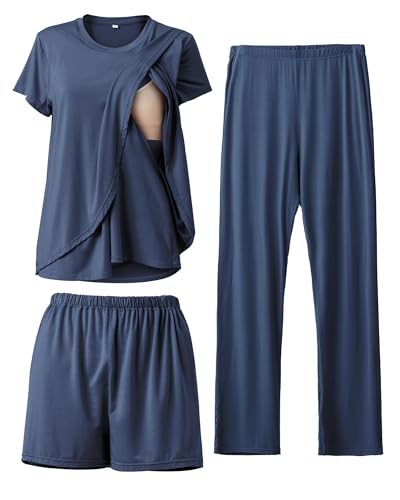 Rnxrbb 3 Piece Postpartum Nursing Pajamas Set Maternity Breastfeeding Pjs - color: Navy, size: X-Large