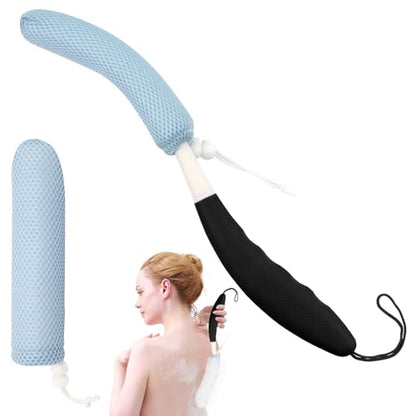 Back Scrubber for Shower,15.35"Curved Body Brush with Anti Slip Long Handle - size: Black+Blue Handle (Medium)