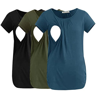 Smallshow Women's Nursing Tops Ruched Short Sleeve Breastfeeding Shirts 3-Pack - color: Army Green-black-grey Blue, size: Large