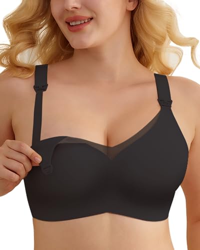 As Fairy Nursing Bras for Breastfeeding Mesh Lace Seamless Maternity Bra Pregnancy Sleep Wireless Bralette - color: Black, size: Large