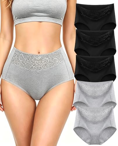 MISSWHO Women's High Waisted Cotton Underwear Soft Breathable Full Coverage Stretch Briefs Ladies Panties 5-Pack - color: Black*3 Grey*2, size: Large