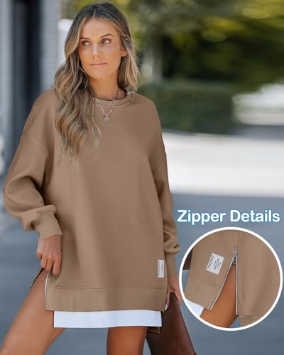 CHICME Women's Long Sleeve Crewneck Oversized Sweatshirt Fall Outfits - color: Brown, size: Small