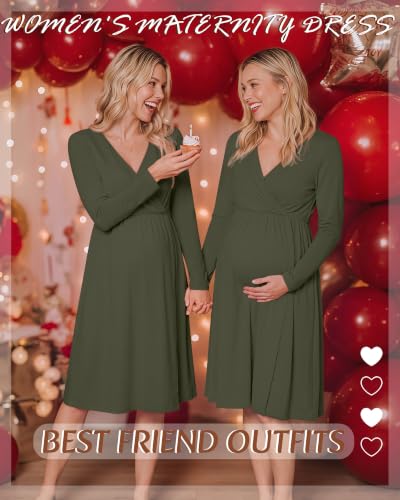 Locoowai Maternity Wrap Long Sleeve Dress V Neck Fall Dress - color: Army Green, size: Medium