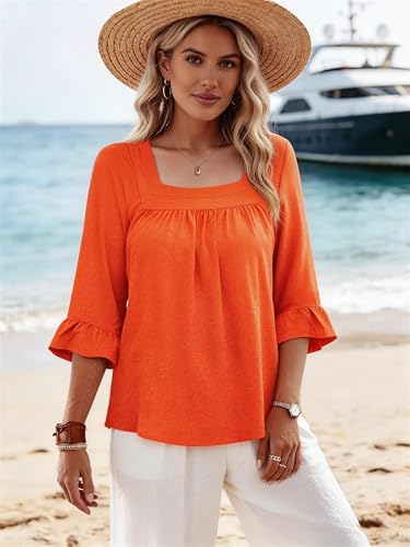 Bulotus Womens Plus Size Tops Square Neck Blouse Boho Top Chiffon 3/4 Sleeve Ruffle Shirt Cute Tunic 2026 Spring Summer - color: Orange, size: 4X-Large Plus