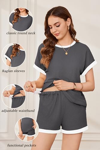 Ekouaer Maternity Pajamas 2 Piece Outfits Waffle Knit Pregnancy Sleepwear - color: Dark Grey, size: Medium