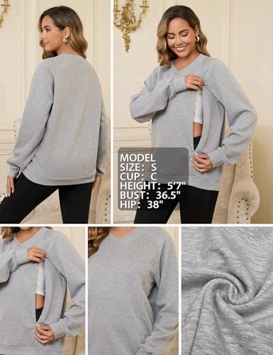 Bhome Nursing Sweatshirt Long Sleeve V Neck Breastfeeding Shirts Zipper Maternity Pumping Tops Pregnancy Sweater Pullover - color: Light Heather Gray, size: Small