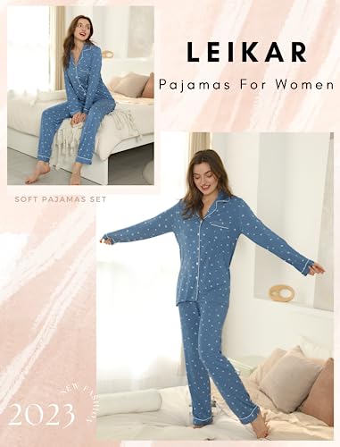 Leikar Button Up Pajamas For Women Long Sleeve Viscose Soft Pjs Lounge - color: Blue White Stare, size: XX-Large