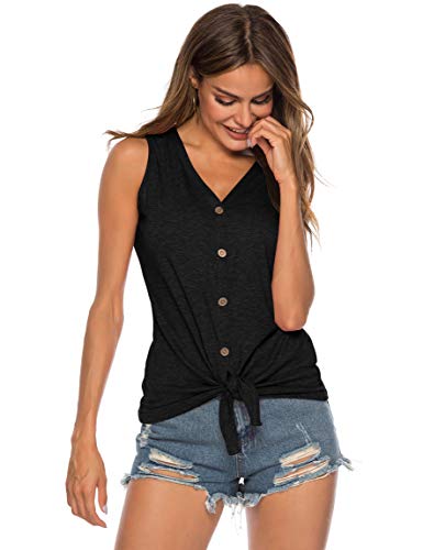 Women's Tie Knot Button Down Shirts Sleeveless Casual Blouse Curved Hemline Tops S-XXL - color: 01-black, size: Large