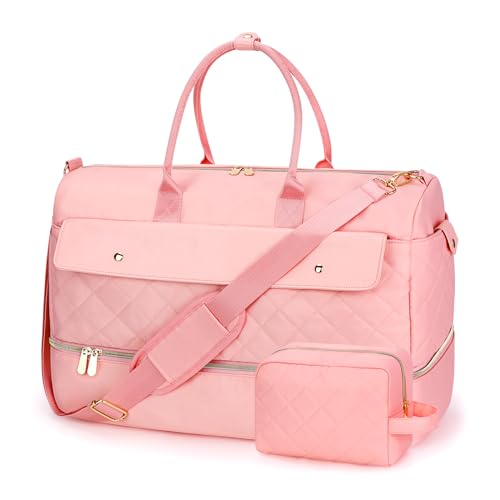 Wedama Travel Duffel Bag, Large Weekender Bag for Women with Shoe Compartment, Carry on Overnight Bag with Toiletry Makeup Bag, Gym Duffel Bag Travel Tote Bag for Travel Gym Camping Hospital, Pink - color: Pink, size: Large