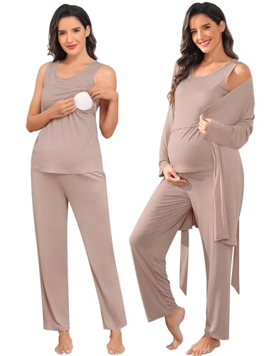 SWOMOG Maternity Nursing Robe Set 3 PCS Postpartum Breastfeeding Pajamas Lounge Hospital Pregnancy Pjs with Robe - color: Light Brown, size: Medium