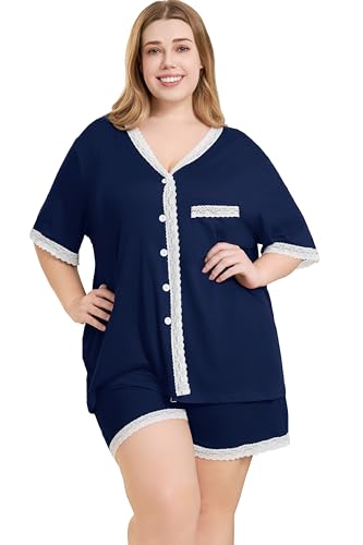 Plus Size Women Pajama Sets Button Down Lace Trim 2pcs Nightwear - color: Navy, size: 5X-Large