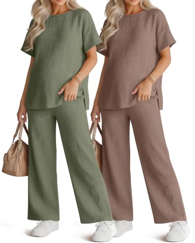 Ficerd 4 Pcs 100% Cotton Muslin Maternity Pajamas Lounge Sets - color: Army Green, Coffee, size: X-Large