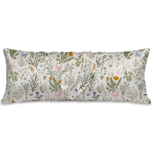 Green Floral Body Pillow Cover,Cottage core Body Pillow Cover,Botanical Wildlower Pillowcase with Satin,Cottage core Decor,Cool and Breathable Pillow Case with Zipper 20x54 inch - color: Botanical and Wild Flowers