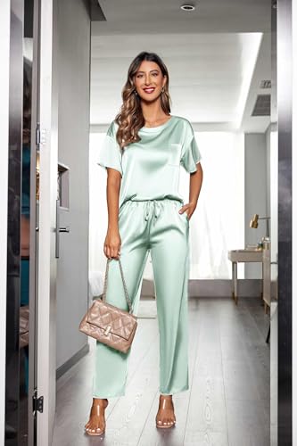 Ekouaer Pajamas for Women Set Silky Satin 2 Piece Lounge Sets with Pockets - color: Aqua Green, size: Medium