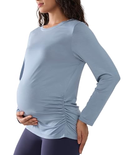 Joyaria Cooling Maternity Shirts Long Sleeve Bamboo Viscose for Women - color: Dusty Blue, size: X-Large