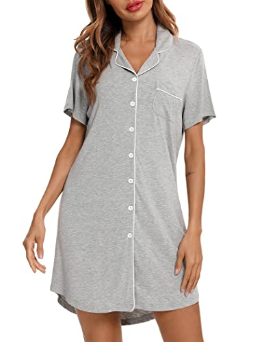 Pjmlifecoco Women's Button Down Nightgown Short Sleeve Sleep Shirt - color: Gray, size: X-Large