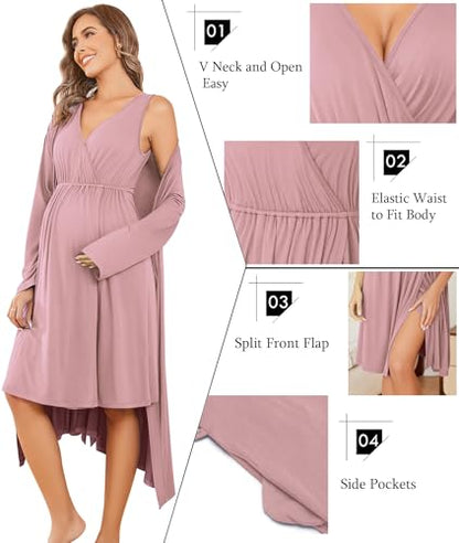 Ekouaer Maternity Nursing Gown and Robe Set Labor Delivery Nightgowns - color: Mauve, size: Medium