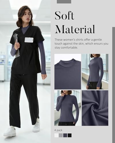 Xaatren 4 Pack Womens Long Sleeve Underscrubs Mock Neck Shirts - color: Black, Dark Gray, Light Heather Gray, White, size: Medium