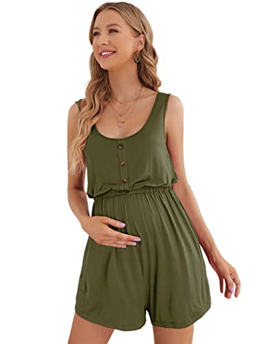 Verdusa Women's Maternity Romper Lightweight Button Jumpsuit Shorts - color: Army Green, size: Medium