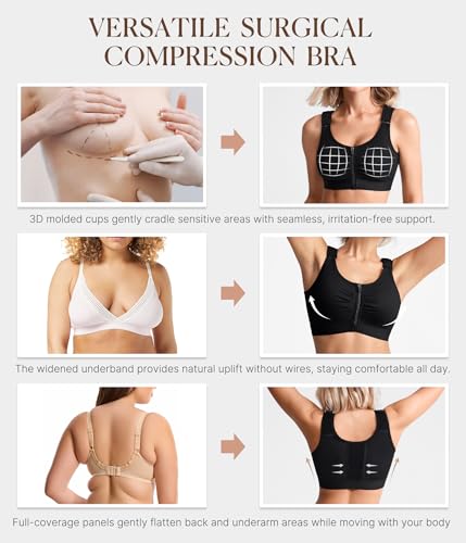 BRABIC Zip Front Closure Everyday Bras for Women Post Sugery Compression - color: Black, size: Large