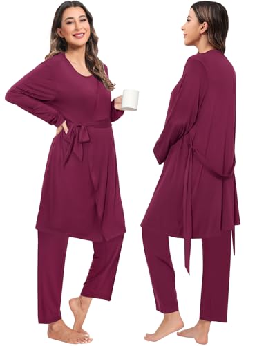 SWOMOG Maternity Nursing Robe Set 3 PCS Postpartum Breastfeeding Pajamas Hospital Pregnancy Pjs Double Layer Lounge Set - color: Burgundy, size: Medium