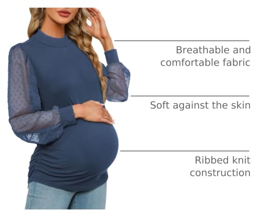 FMEYOA Women's Maternity Shirt Long Sleeve Top Mock Neck Blouse - color: Navy, size: Medium
