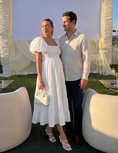 ZESICA Women Summer Puff Sleeve Boho Wedding Guest Midi Dress - color: White, size: X-Large
