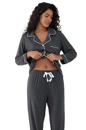 Cherrydew Women's Bamboo Viscose Cooling Long Sleeve Button Up Pajama Set - color: Charcoal, size: Medium