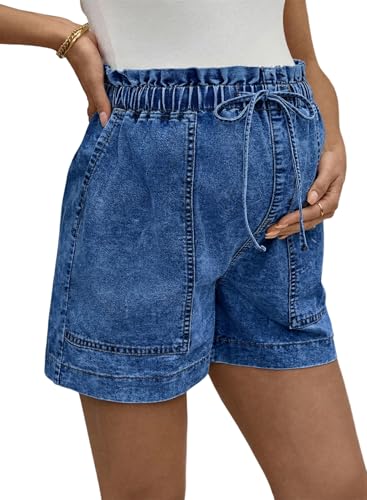 BLENCOT Maternity Jeans Shorts High Rise Stretchy Drawstring Postpartum - color: Azure Blue, size: Medium