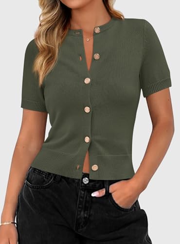 PRETTYGARDEN Womens Summer Cardigan Short Sleeve Sweater - color: Army Green, size: Small